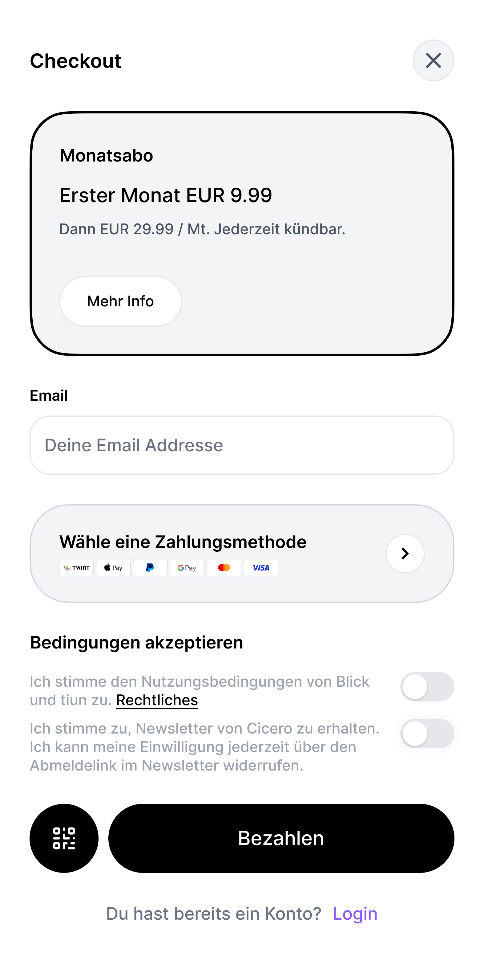Checkout overlay with email input, payment methods, and plan details